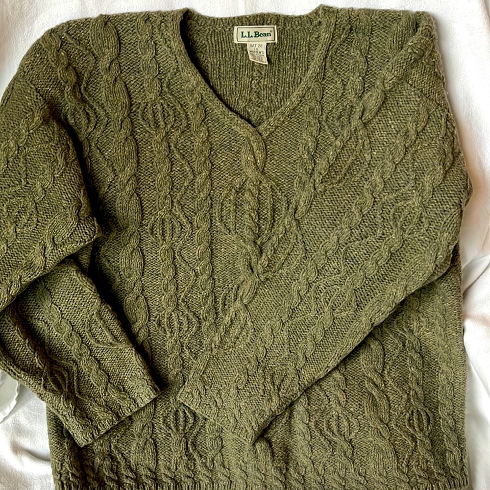 100% wool V-neck cable knit sweater by L.L. Bean, in women’s large
